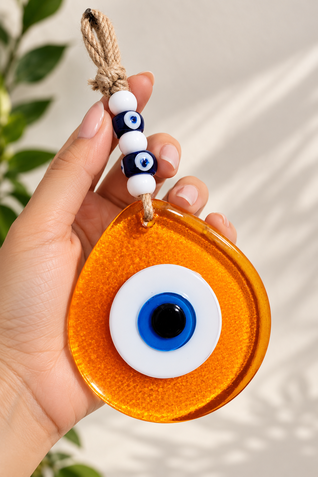 Jumbo Orange Glass Evil Eye Wall Hanging with Beads 10 Inch