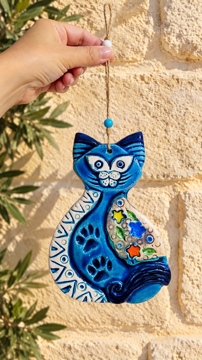 Handmade Blue Ceramic Cat Wall Hanging Mediterranean Decor 11.5 Inch