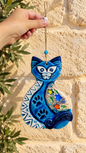 Handmade Blue Ceramic Cat Wall Hanging Mediterranean Decor 11.5 Inch