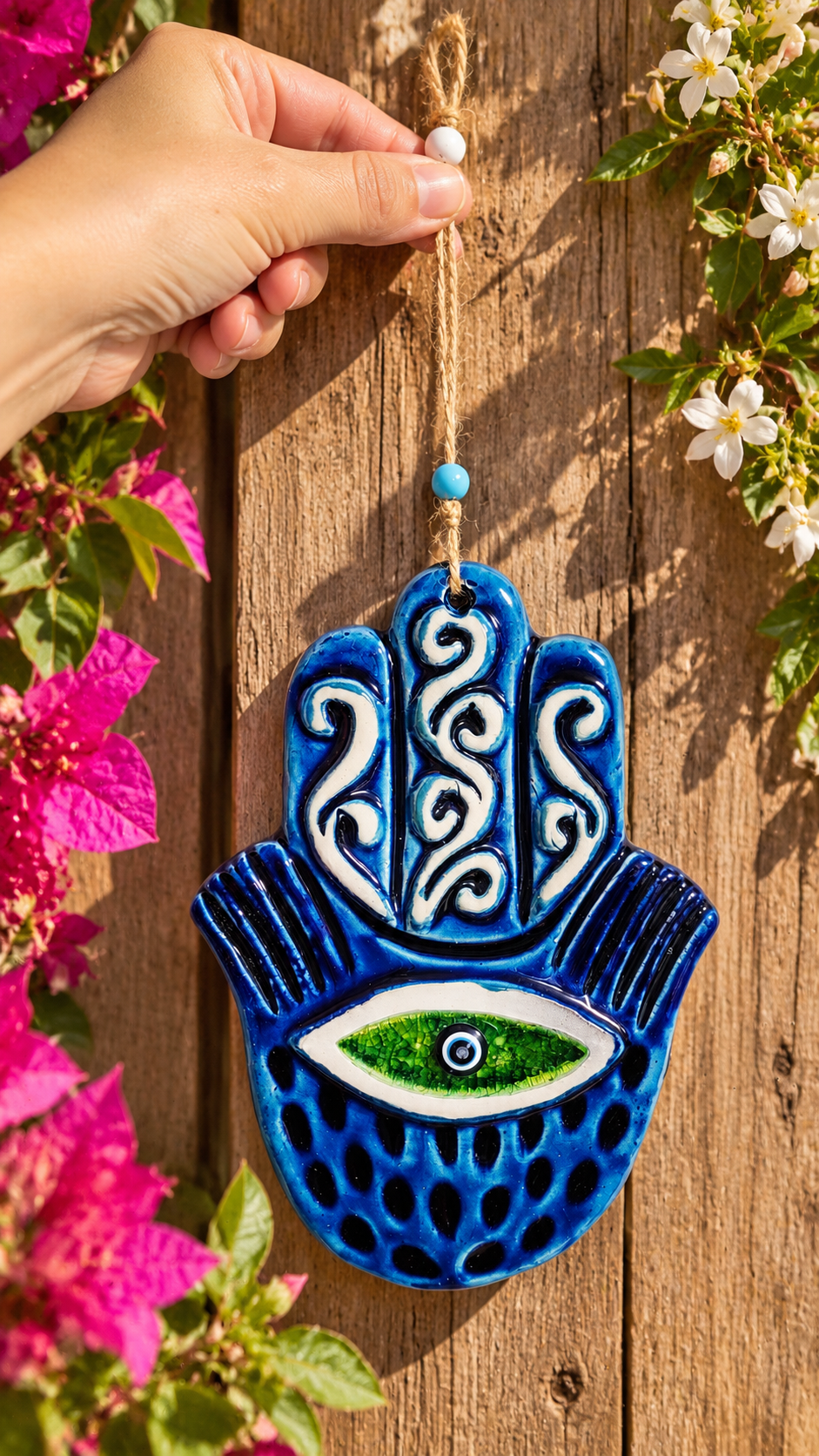 Handmade Ceramic Hamsa Hand Evil Eye Wall Hanging Blue Green 12 Inch