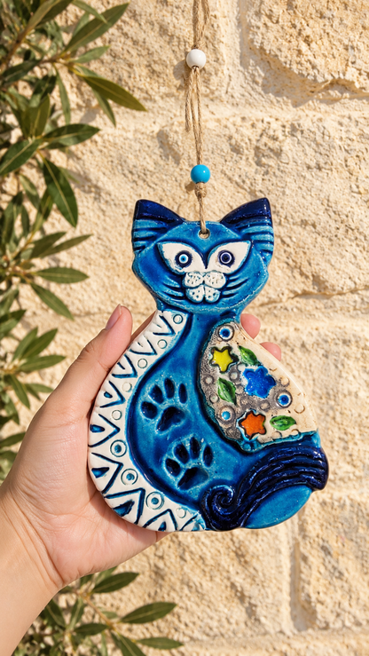 Handmade Blue Ceramic Cat Wall Hanging Mediterranean Decor 11.5 Inch