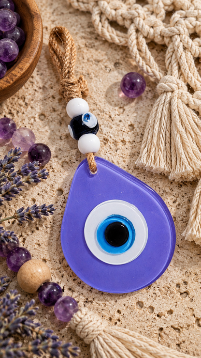 Teardrop Evil Eye Wall Hanging Glass Mediterranean Decor Matte Purple
