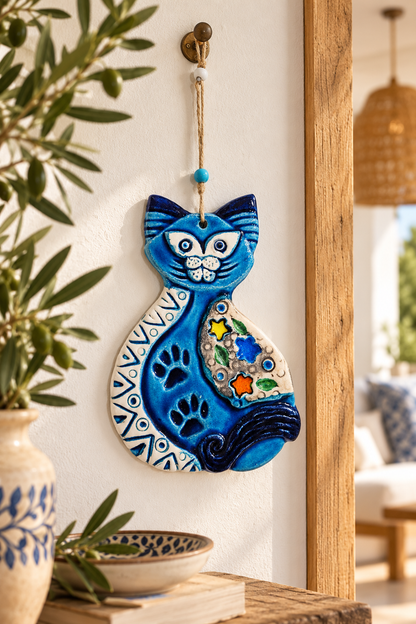 Handmade Blue Ceramic Cat Wall Hanging Mediterranean Decor 11.5 Inch