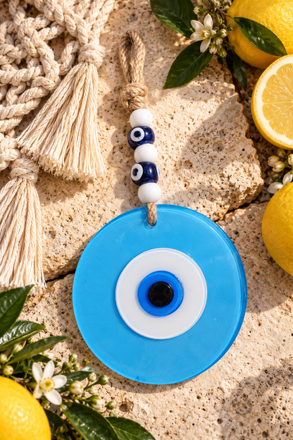 Large Matte Light Blue Glass Evil Eye Wall Hanging Handmade Nazar Home Decor
