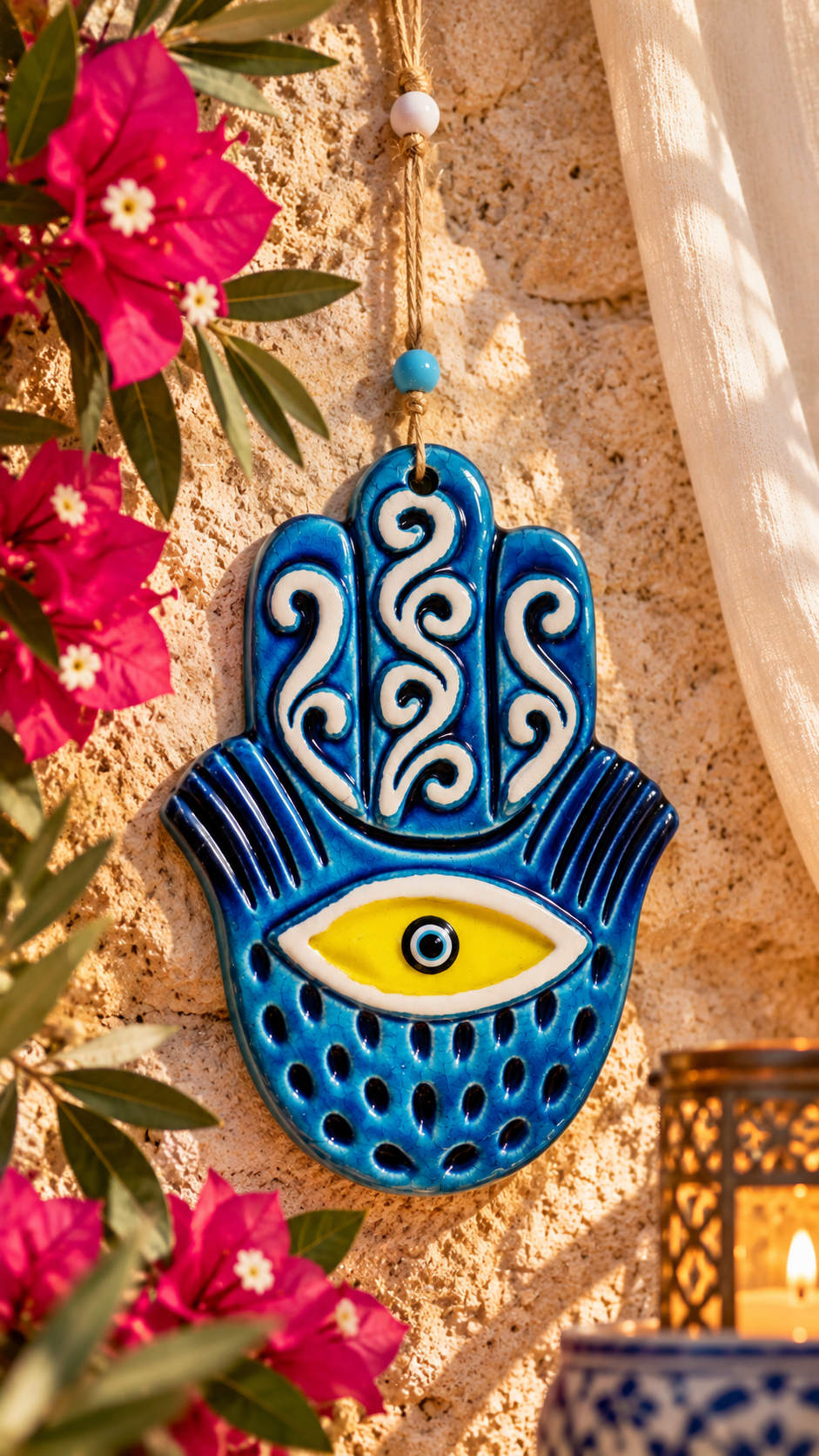 Handmade Ceramic Hamsa Hand Evil Eye Wall Hanging 12 Inch Yellow