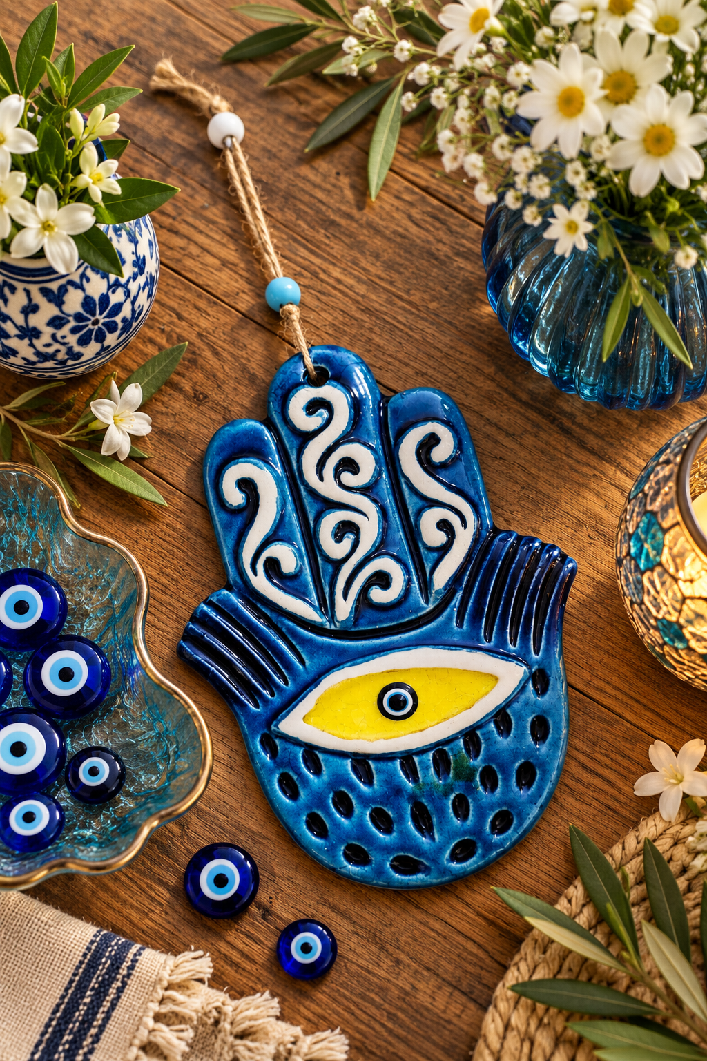 Handmade Ceramic Hamsa Hand Evil Eye Wall Hanging 12 Inch Yellow