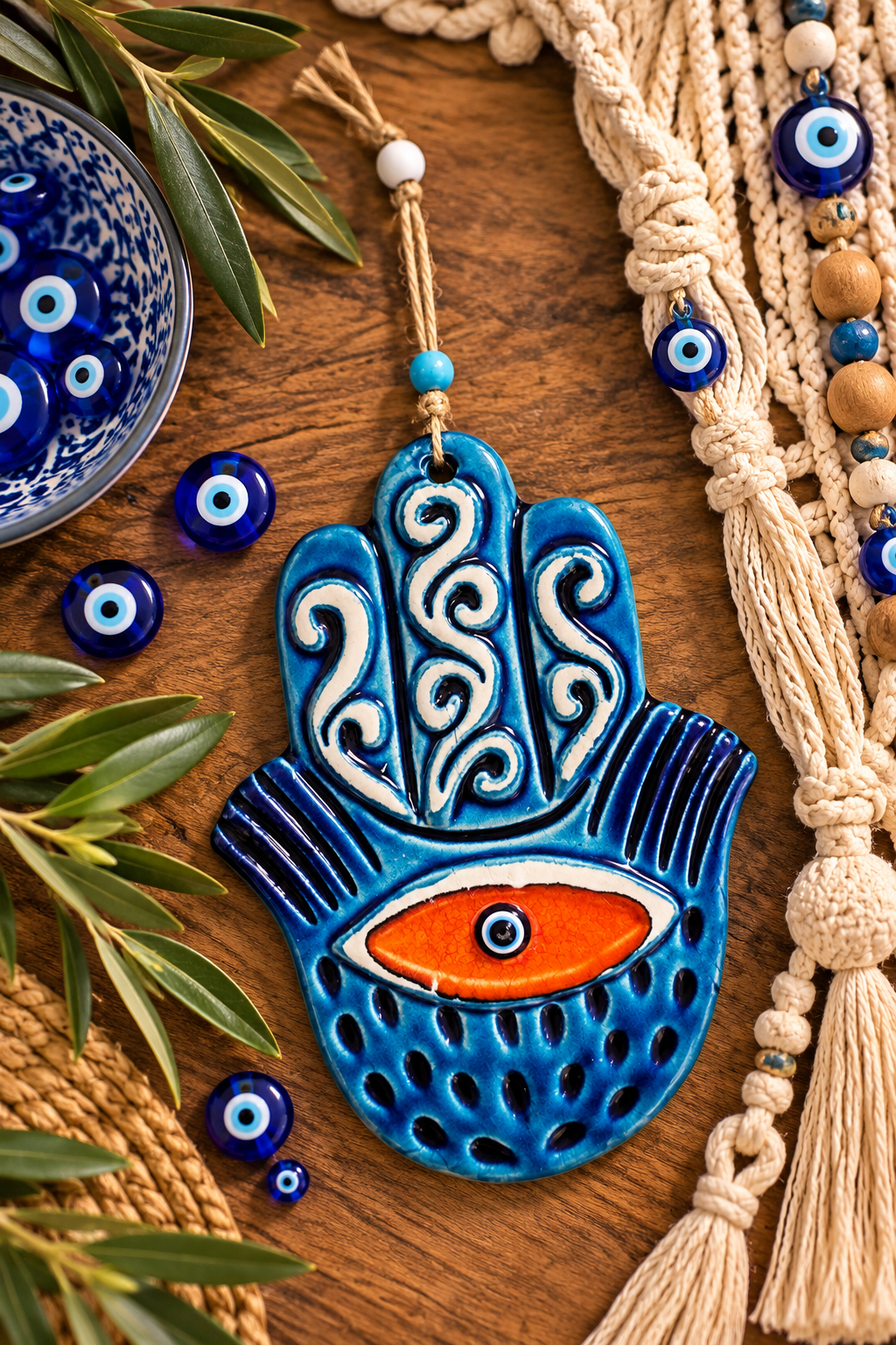 Handmade Ceramic Hamsa Hand Evil Eye Wall Hanging 12 Inch Red