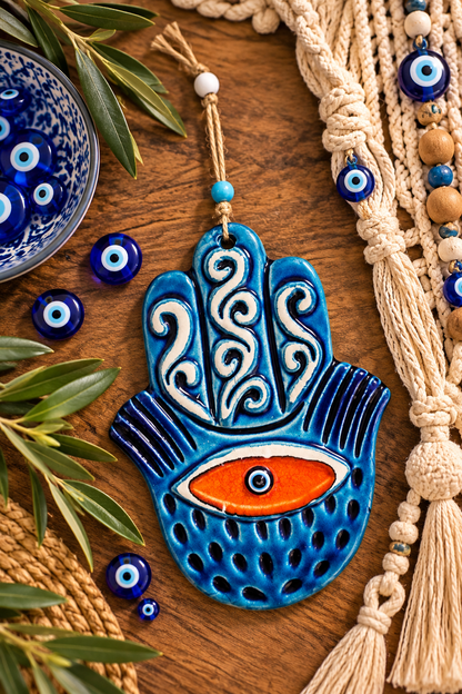 Handmade Ceramic Hamsa Hand Evil Eye Wall Hanging 12 Inch Red