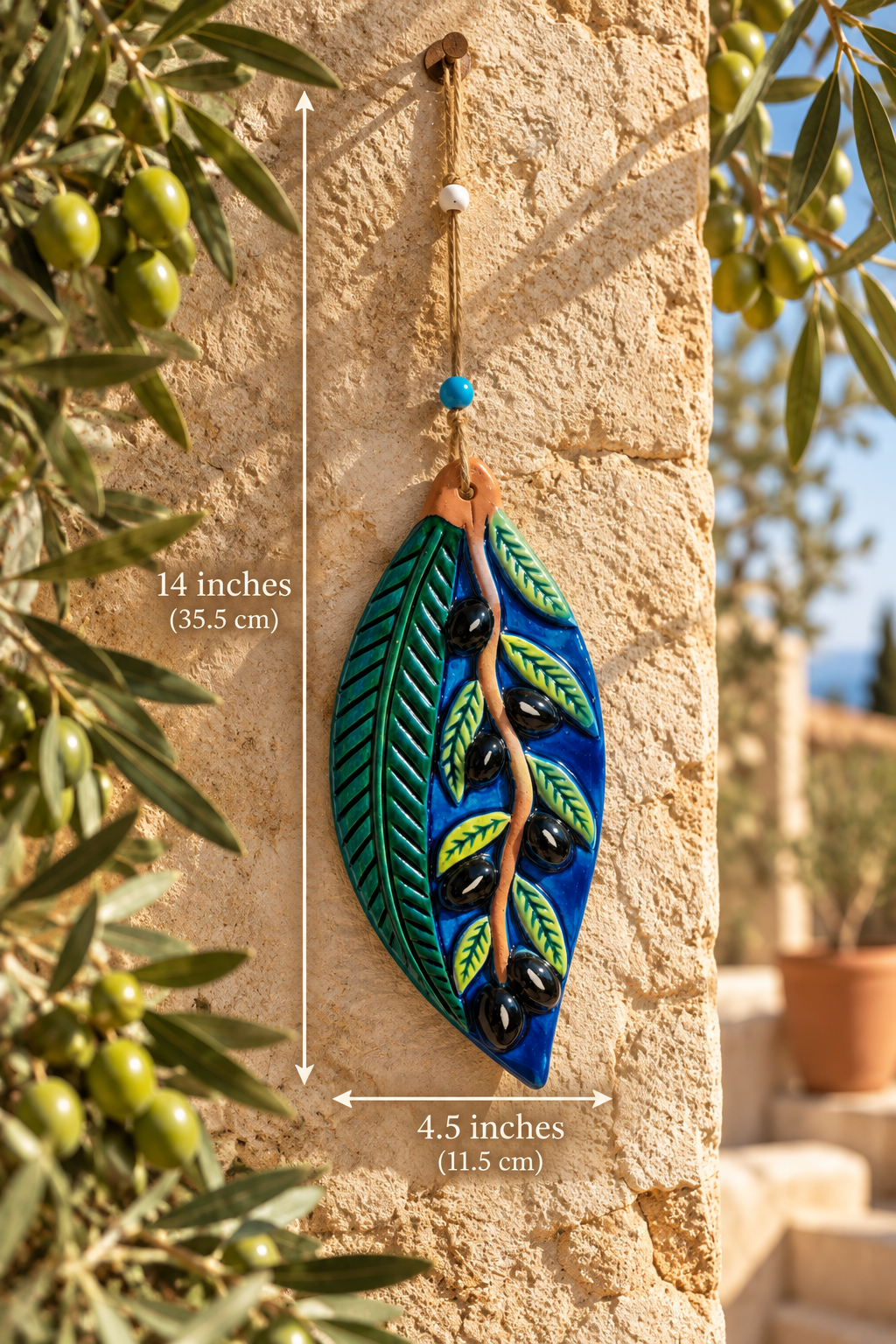 Handmade Ceramic Olive Branch Wall Hanging Mediterranean Decor 14 Inch