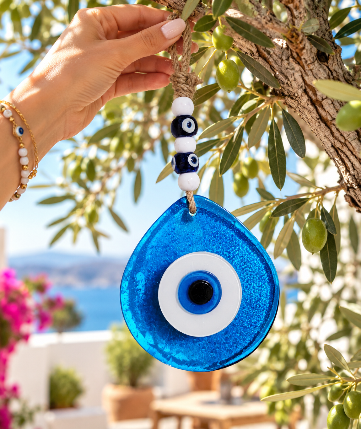 Jumbo Transparent Blue Glass Evil Eye Wall Hanging with Beads 10 Inch