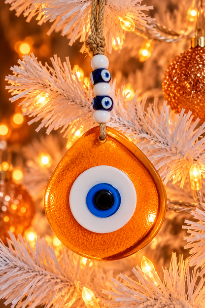 Jumbo Orange Glass Evil Eye Wall Hanging with Beads 10 Inch