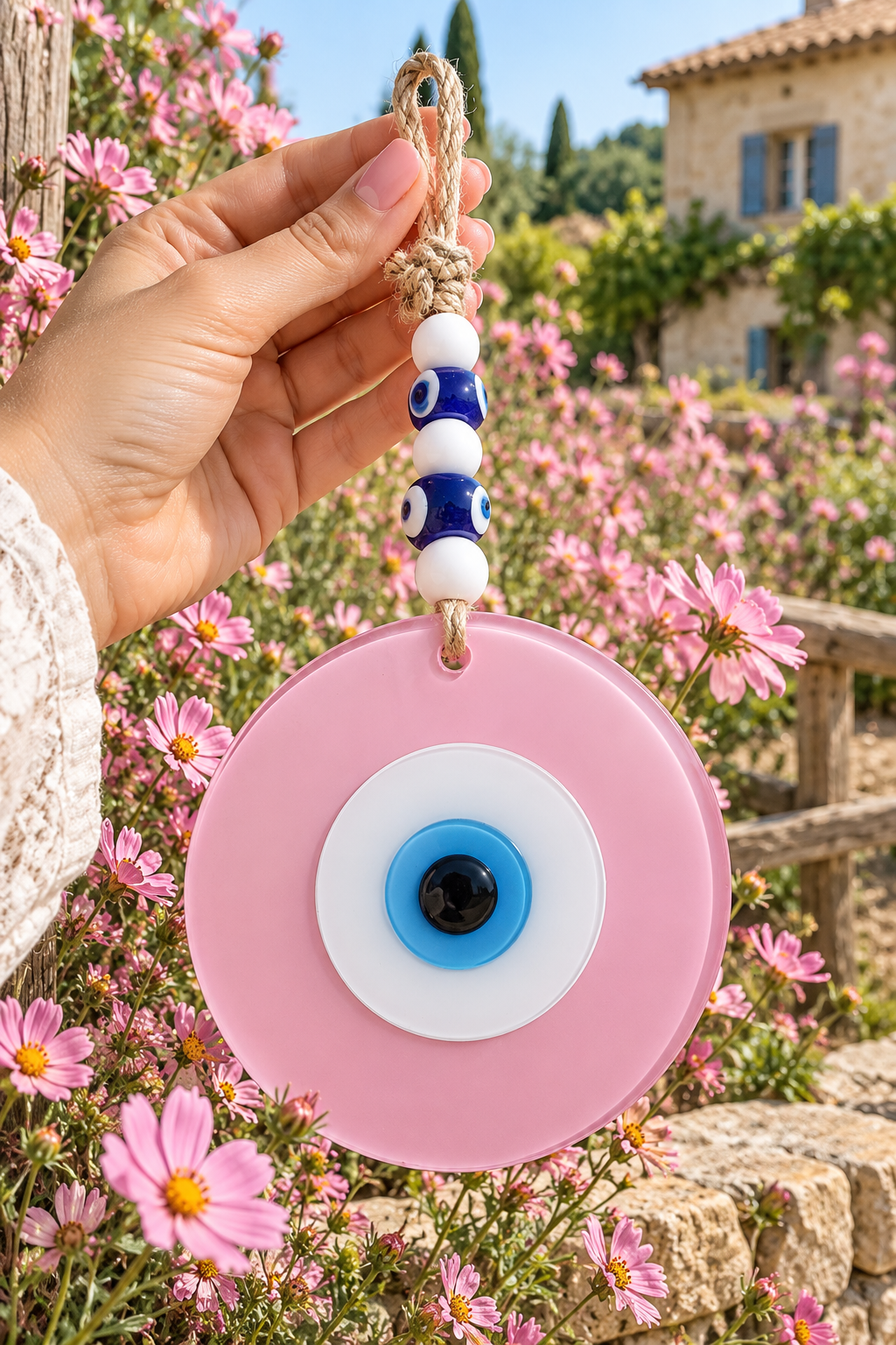 Large Matte Pink Glass Evil Eye Wall Hanging Handmade Nazar Home Decor