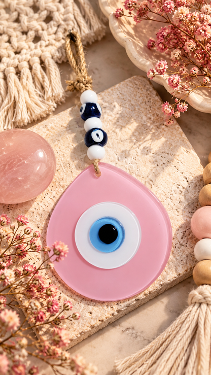 Jumbo Matte Pink Glass Evil Eye Wall Hanging with Beads 10 Inch