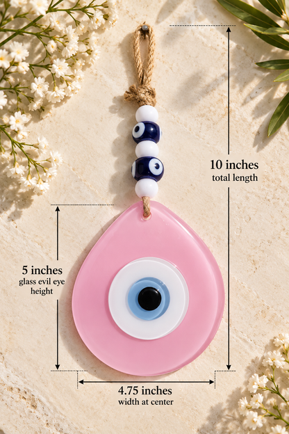Jumbo Matte Pink Glass Evil Eye Wall Hanging with Beads 10 Inch