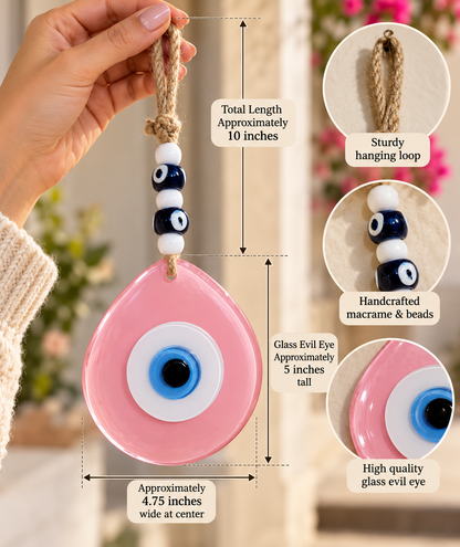 Jumbo Matte Pink Glass Evil Eye Wall Hanging with Beads 10 Inch