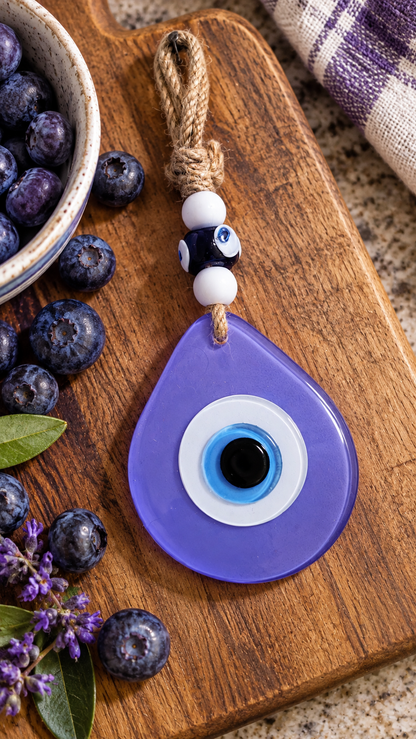 Teardrop Evil Eye Wall Hanging Glass Mediterranean Decor Matte Purple