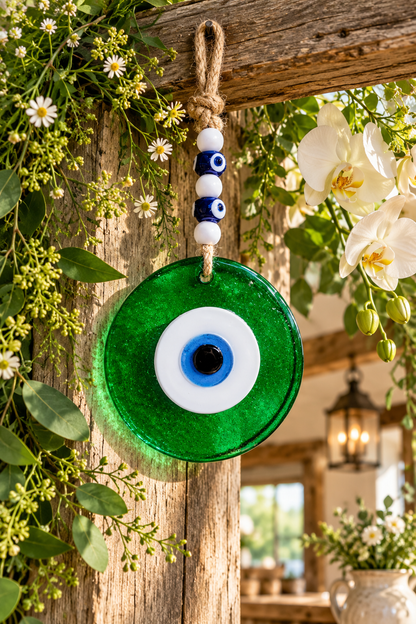 Large Transparent Green Glass Evil Eye Wall Hanging Handmade Nazar Home Decor