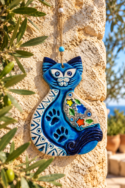 Handmade Blue Ceramic Cat Wall Hanging Mediterranean Decor 11.5 Inch