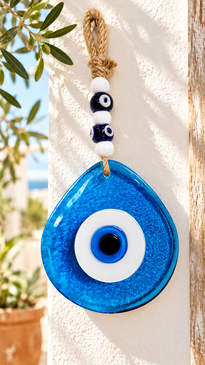 Jumbo Transparent Blue Glass Evil Eye Wall Hanging with Beads 10 Inch