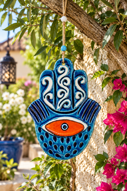 Handmade Ceramic Hamsa Hand Evil Eye Wall Hanging 12 Inch Red