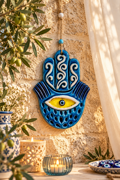 Handmade Ceramic Hamsa Hand Evil Eye Wall Hanging 12 Inch Yellow