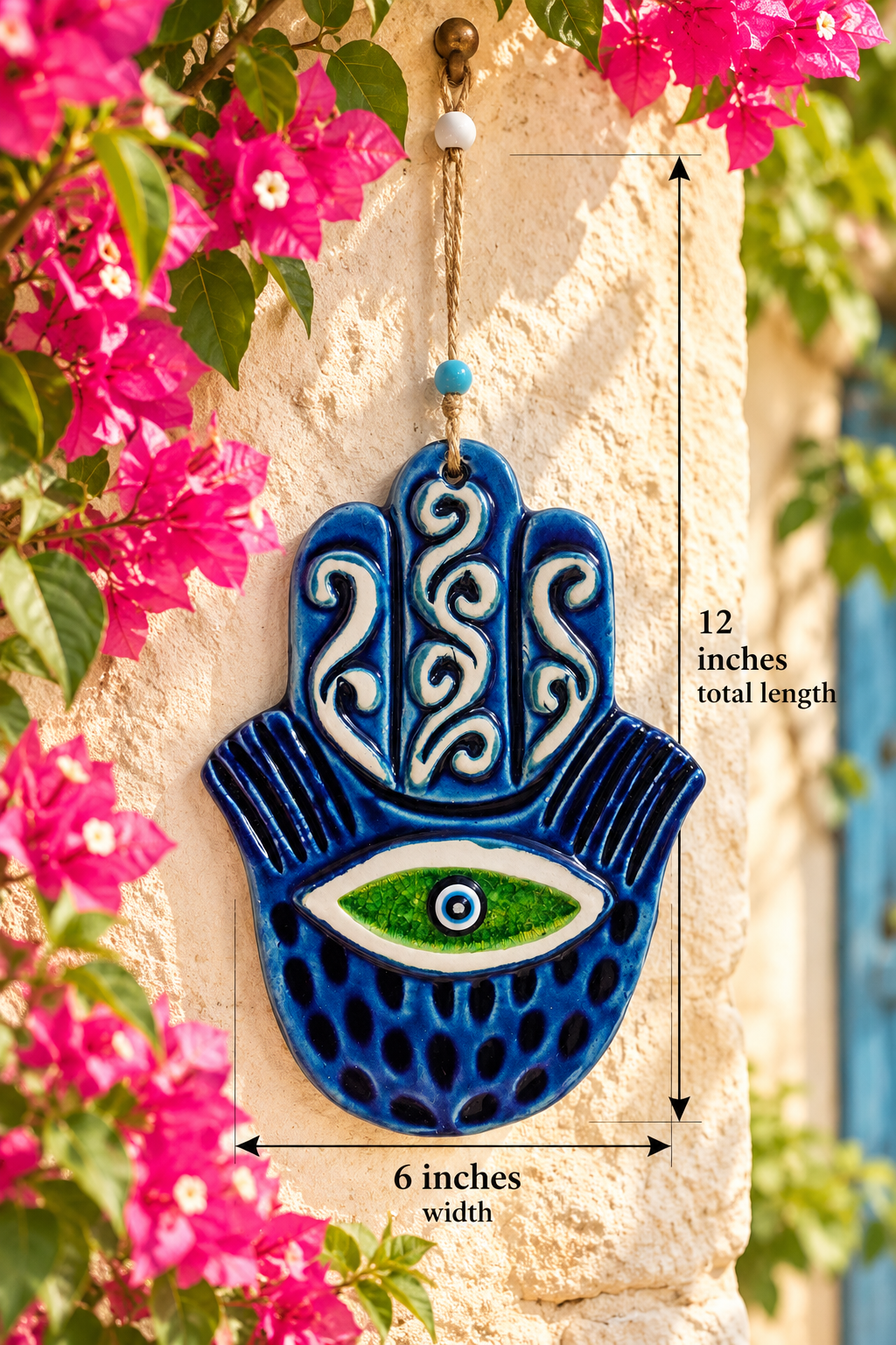 Handmade Ceramic Hamsa Hand Evil Eye Wall Hanging Blue Green 12 Inch