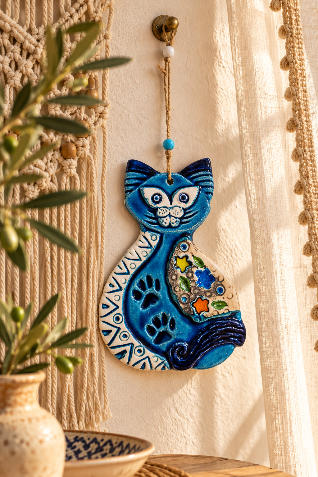 Handmade Blue Ceramic Cat Wall Hanging Mediterranean Decor 11.5 Inch