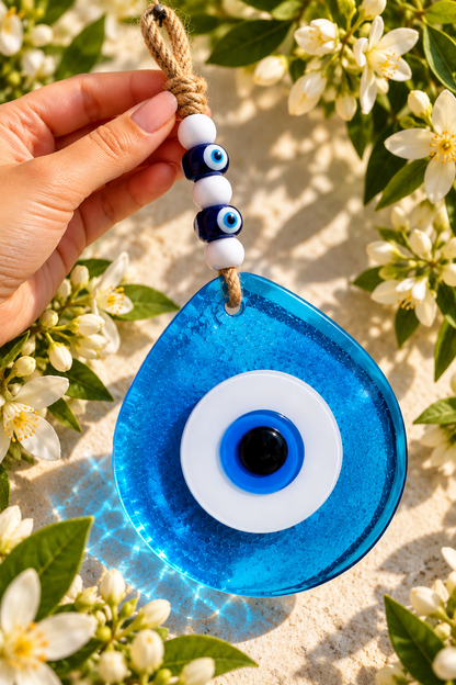 Jumbo Transparent Blue Glass Evil Eye Wall Hanging with Beads 10 Inch