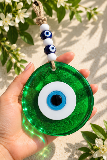 Large Transparent Green Glass Evil Eye Wall Hanging Handmade Nazar Home Decor