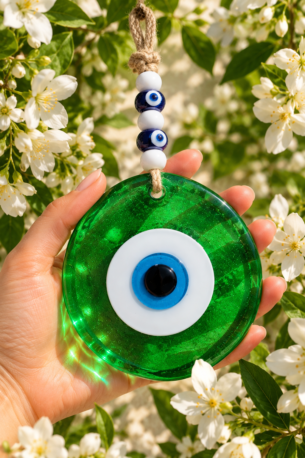 Large Transparent Green Glass Evil Eye Wall Hanging Handmade Nazar Home Decor