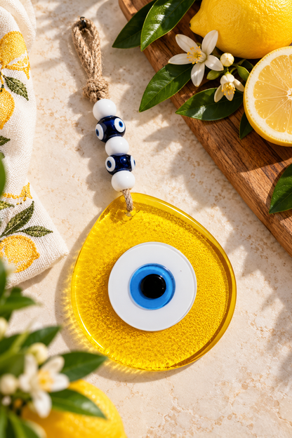 Jumbo Transparent Yellow Glass Evil Eye Wall Hanging with Beads 10 Inch