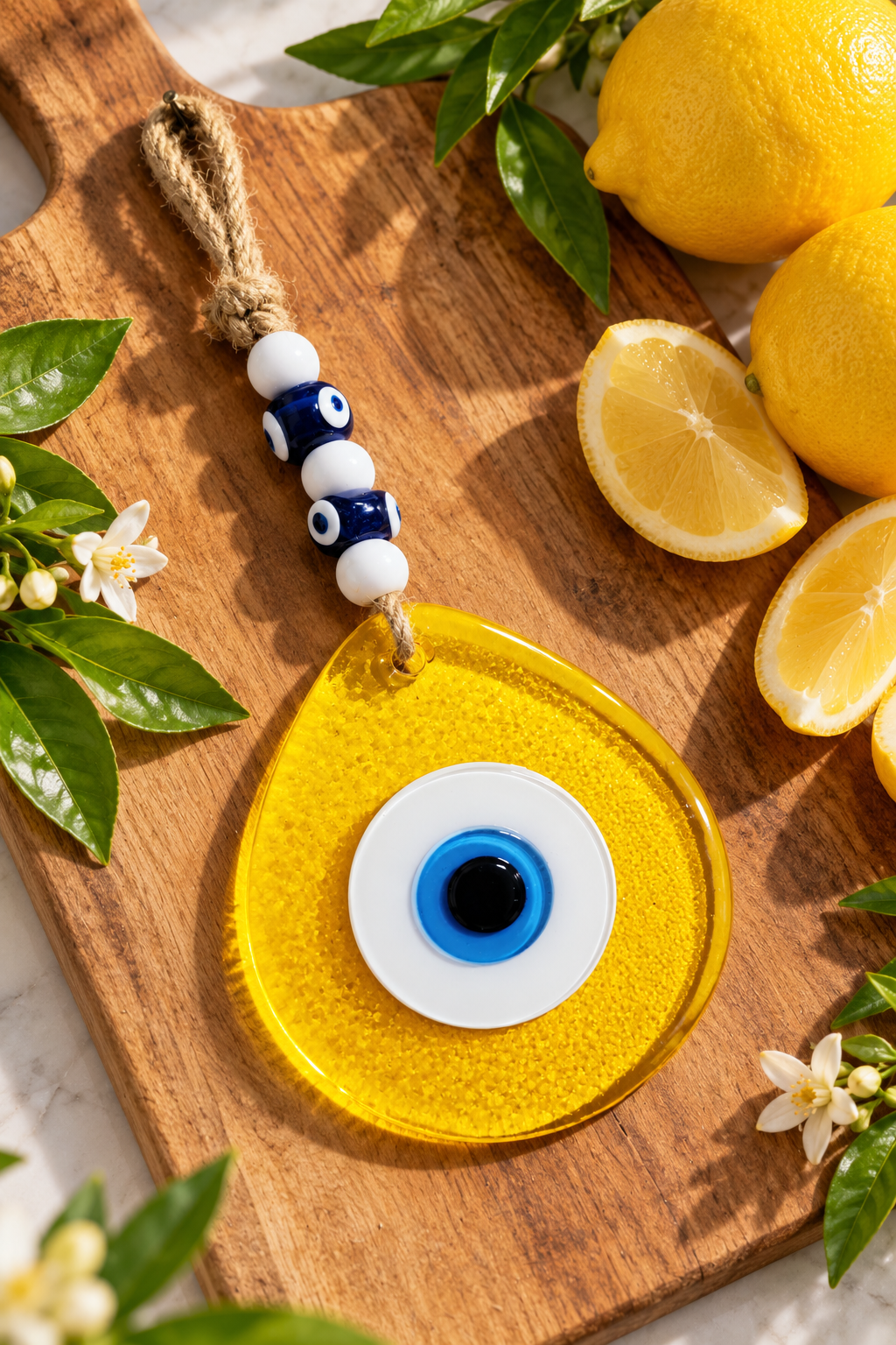 Jumbo Transparent Yellow Glass Evil Eye Wall Hanging with Beads 10 Inch