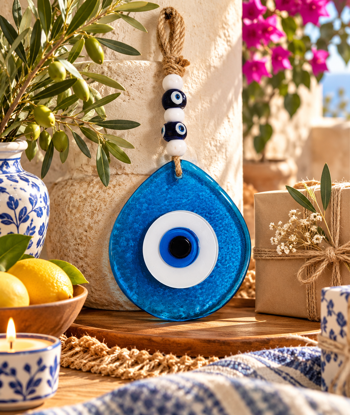 Jumbo Transparent Blue Glass Evil Eye Wall Hanging with Beads 10 Inch