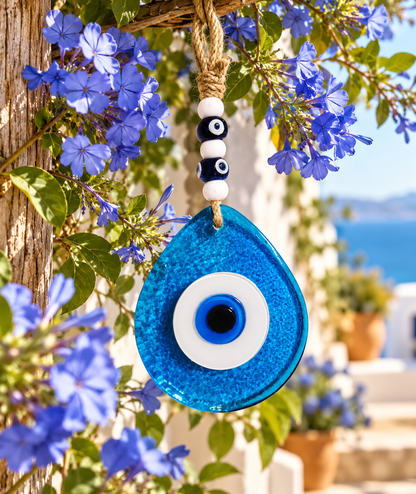 Jumbo Transparent Blue Glass Evil Eye Wall Hanging with Beads 10 Inch