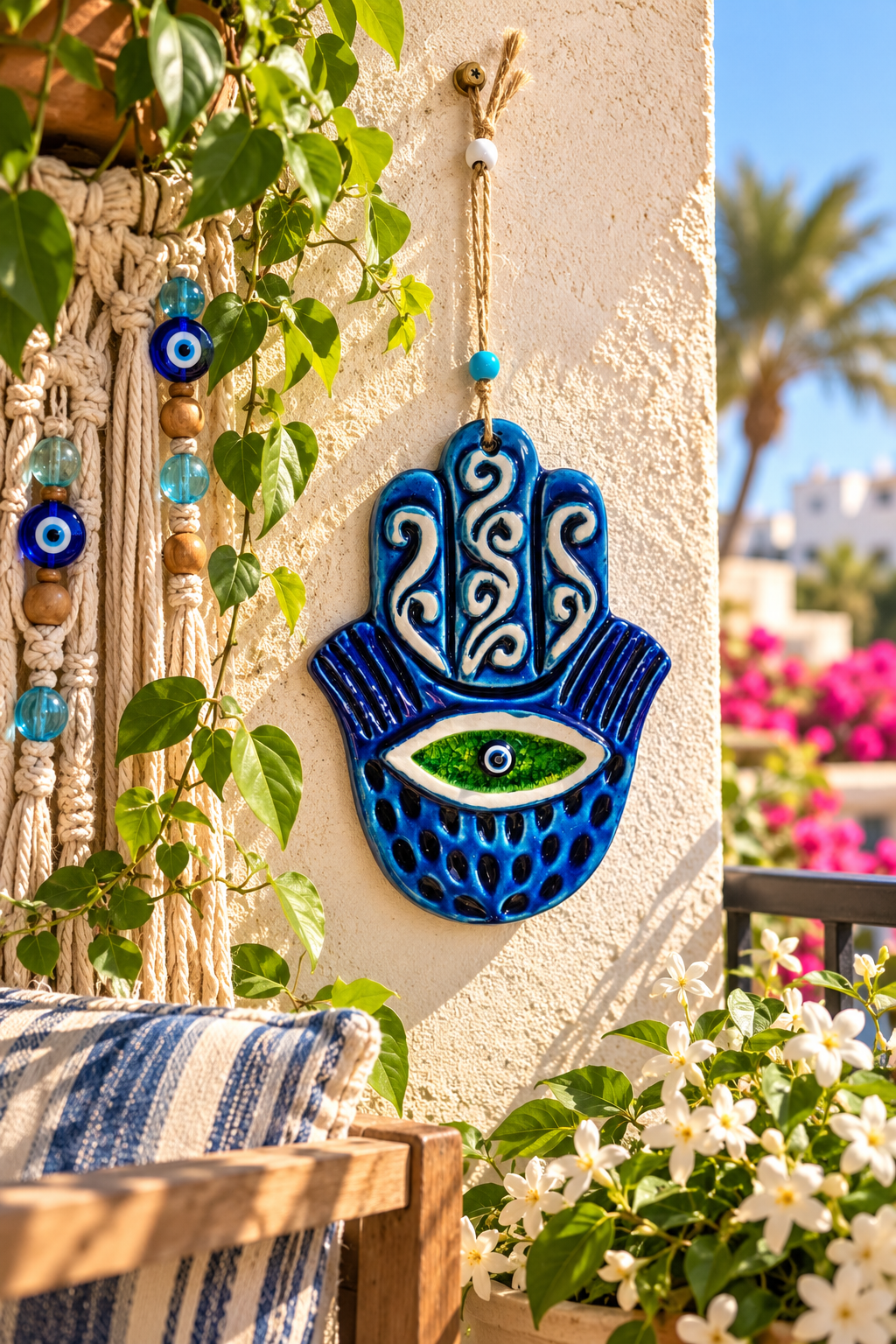 Handmade Ceramic Hamsa Hand Evil Eye Wall Hanging Blue Green 12 Inch