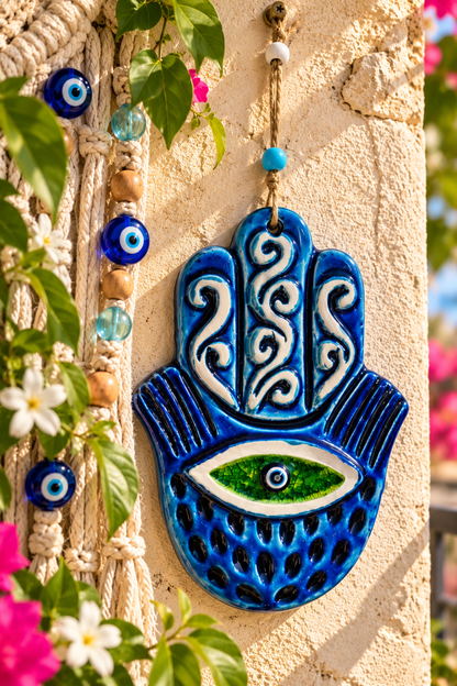 Handmade Ceramic Hamsa Hand Evil Eye Wall Hanging Blue Green 12 Inch
