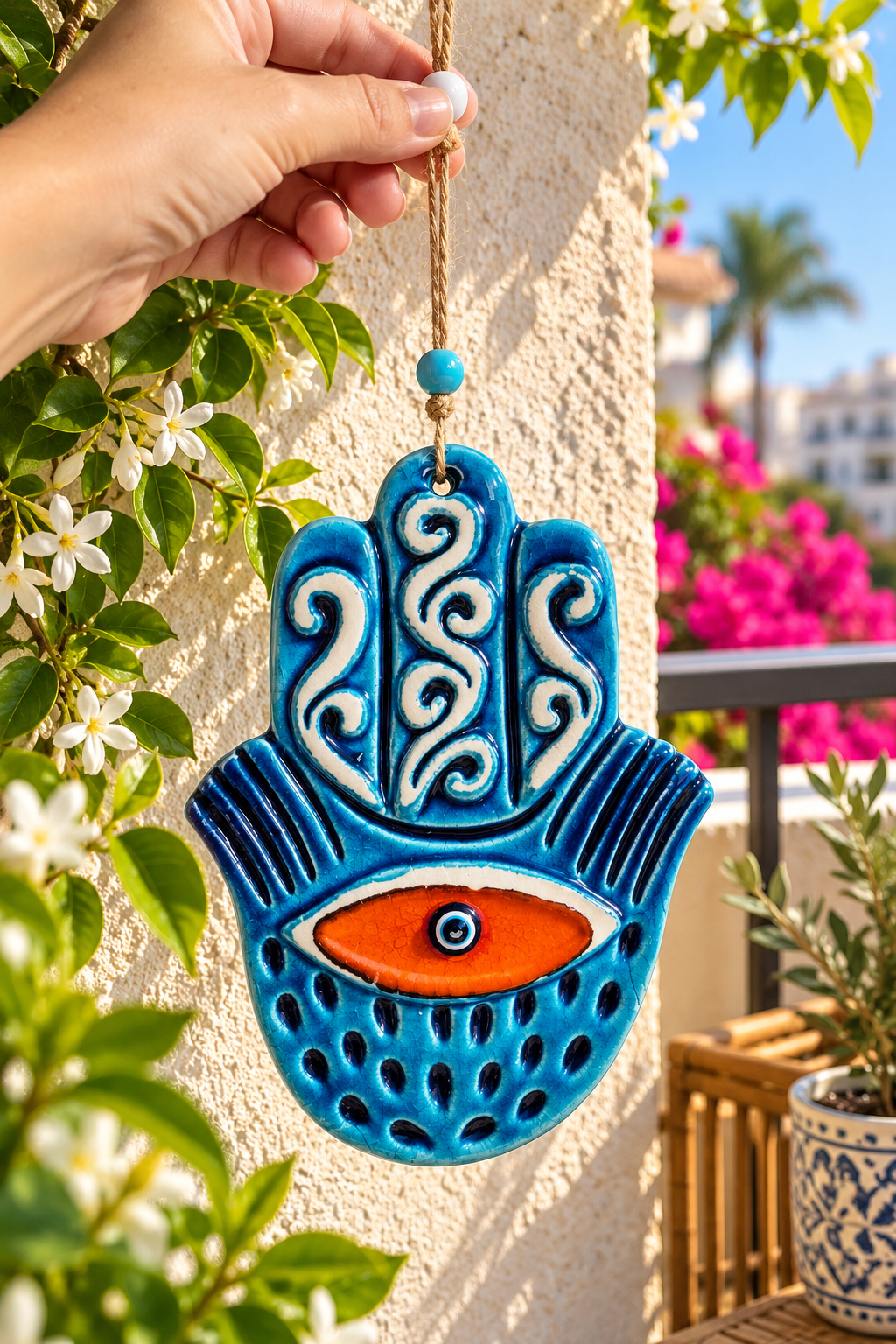 Handmade Ceramic Hamsa Hand Evil Eye Wall Hanging 12 Inch Red