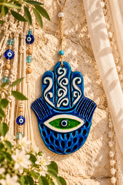 Handmade Ceramic Hamsa Hand Evil Eye Wall Hanging Blue Green 12 Inch
