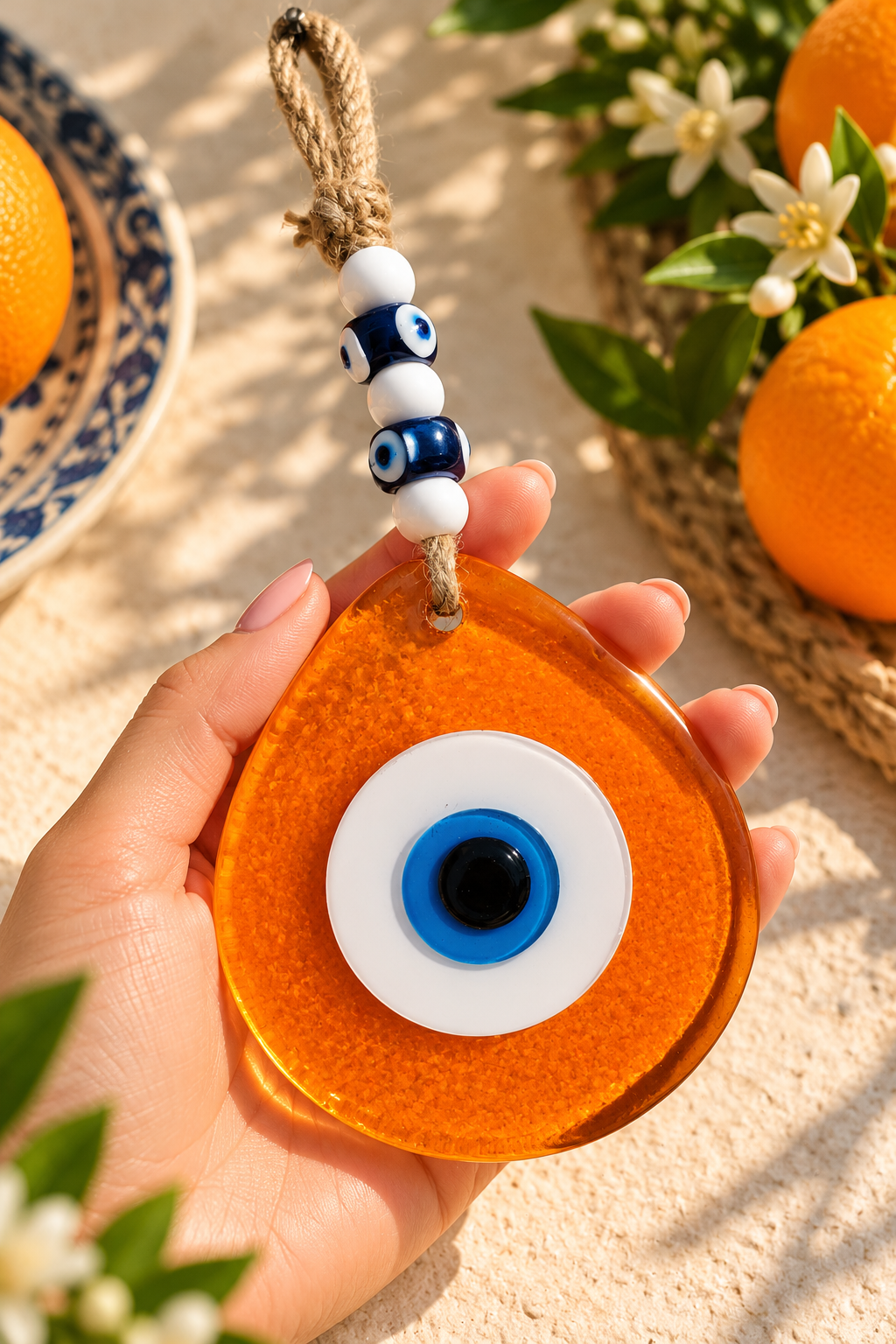 Jumbo Orange Glass Evil Eye Wall Hanging with Beads 10 Inch