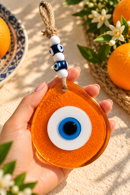 Jumbo Orange Glass Evil Eye Wall Hanging with Beads 10 Inch