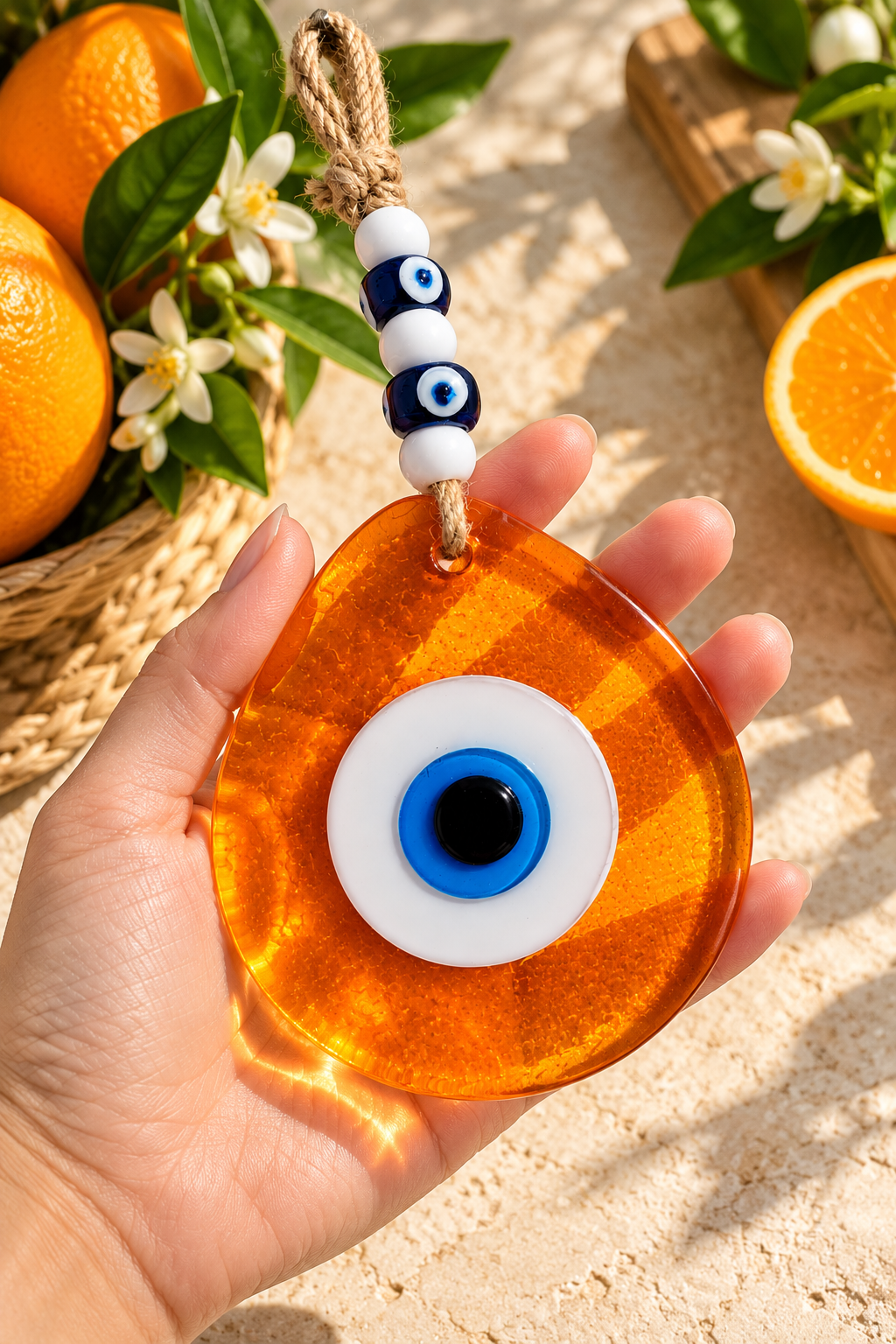 Jumbo Orange Glass Evil Eye Wall Hanging with Beads 10 Inch