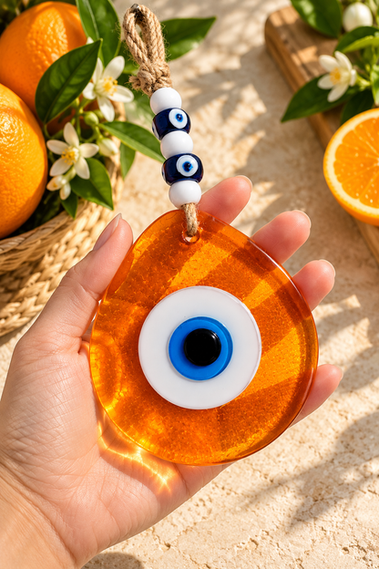 Jumbo Orange Glass Evil Eye Wall Hanging with Beads 10 Inch