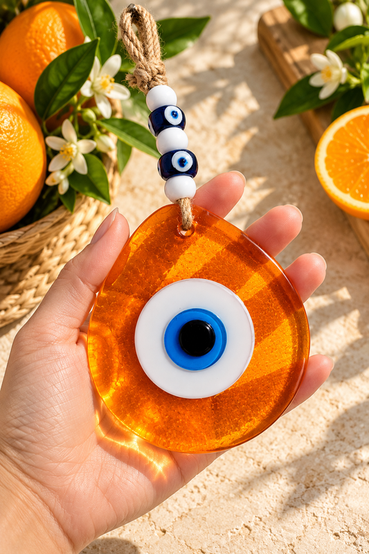 Jumbo Orange Glass Evil Eye Wall Hanging with Beads 10 Inch