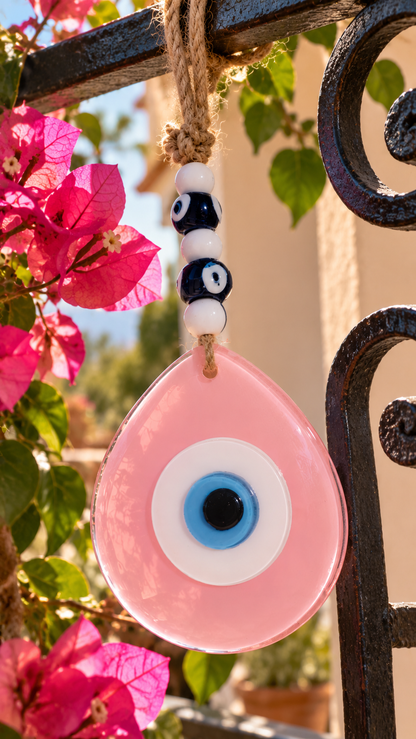 Jumbo Matte Pink Glass Evil Eye Wall Hanging with Beads 10 Inch