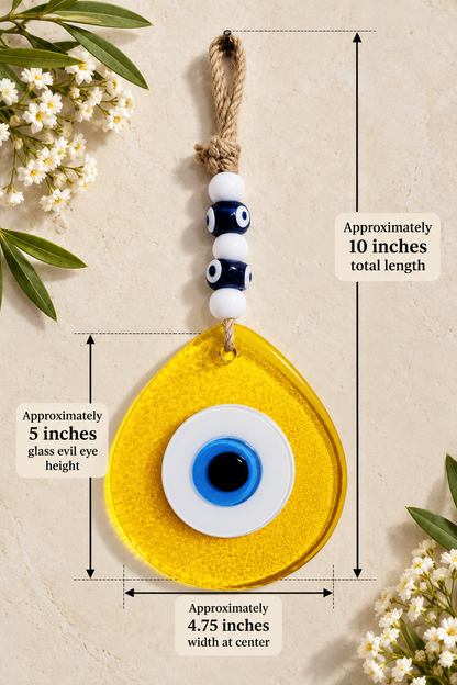 Jumbo Transparent Yellow Glass Evil Eye Wall Hanging with Beads 10 Inch