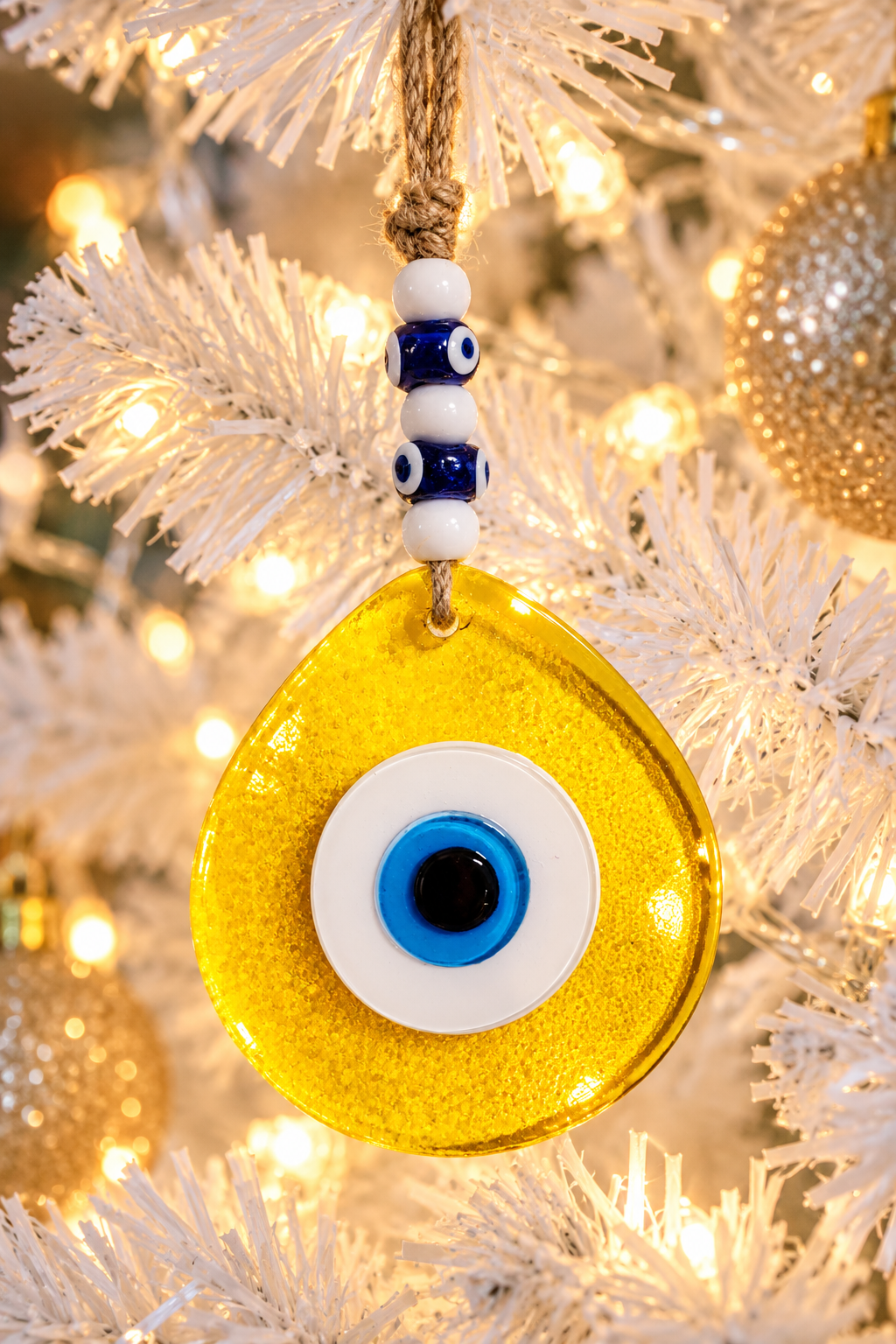 Jumbo Transparent Yellow Glass Evil Eye Wall Hanging with Beads 10 Inch
