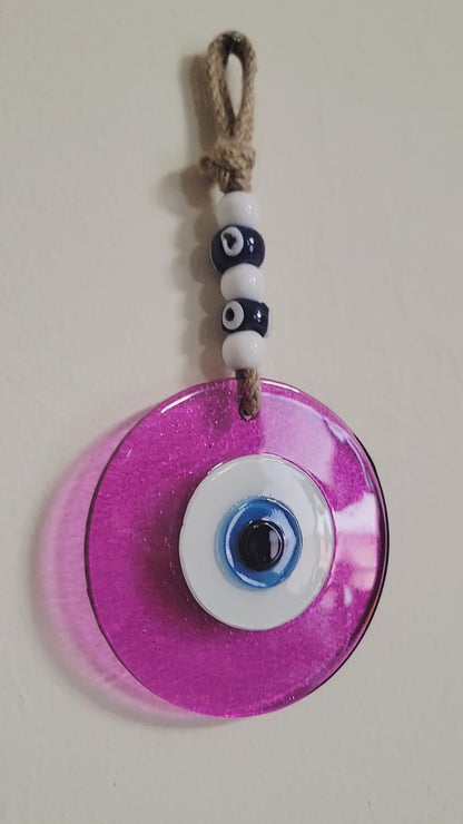 Large Pink Glass Evil Eye Wall Hanging Handmade Nazar Home Decor