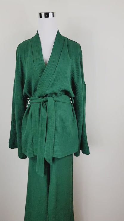 Ensemble en mousseline respirante pour femme, tenue polyvalente au quotidien, vert profond