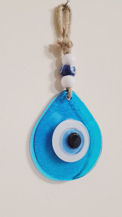 Teardrop Evil Eye Wall Hanging Glass Mediterranean Decor Ocean Blue