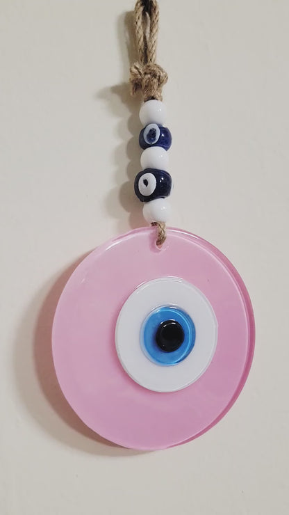 Large Matte Pink Glass Evil Eye Wall Hanging Handmade Nazar Home Decor